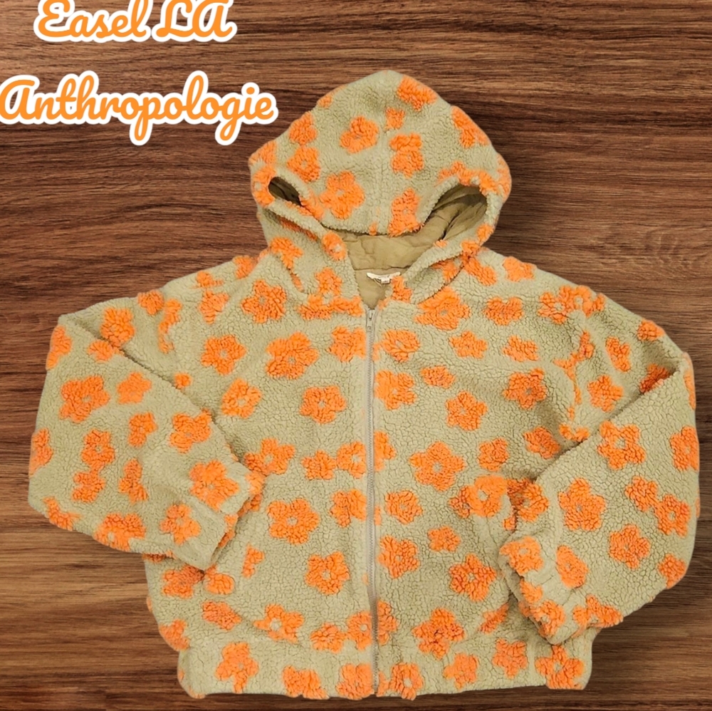 Easel LA Anthropologie Floral Fleece Hoodie Orange and Cream Boho Hippie Large